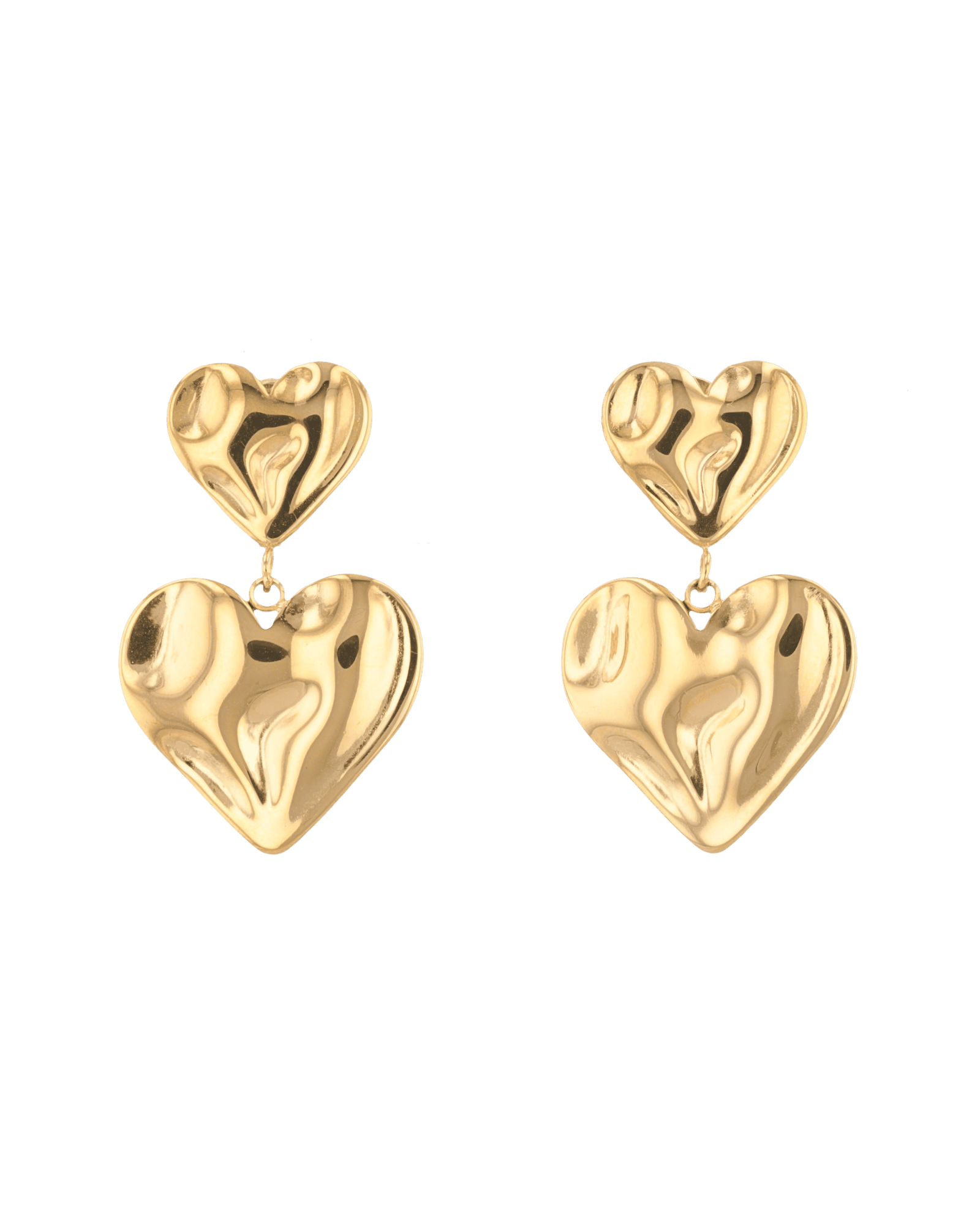 Twofold Heart Gold Stud Earrings by LAVANA, featuring a textured double heart drop