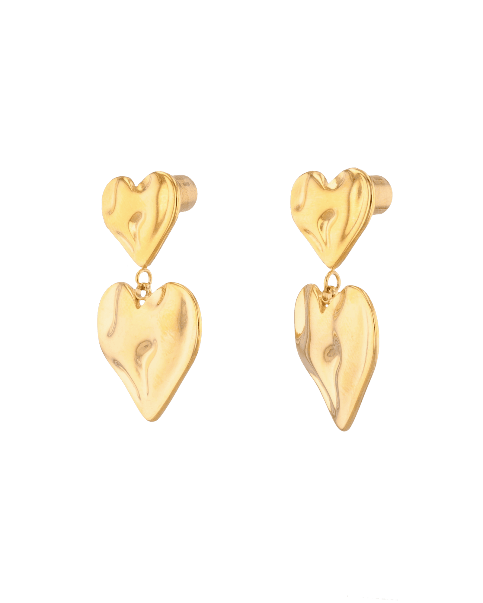 Twofold Heart Gold Stud Earrings by LAVANA, featuring a textured double heart drop