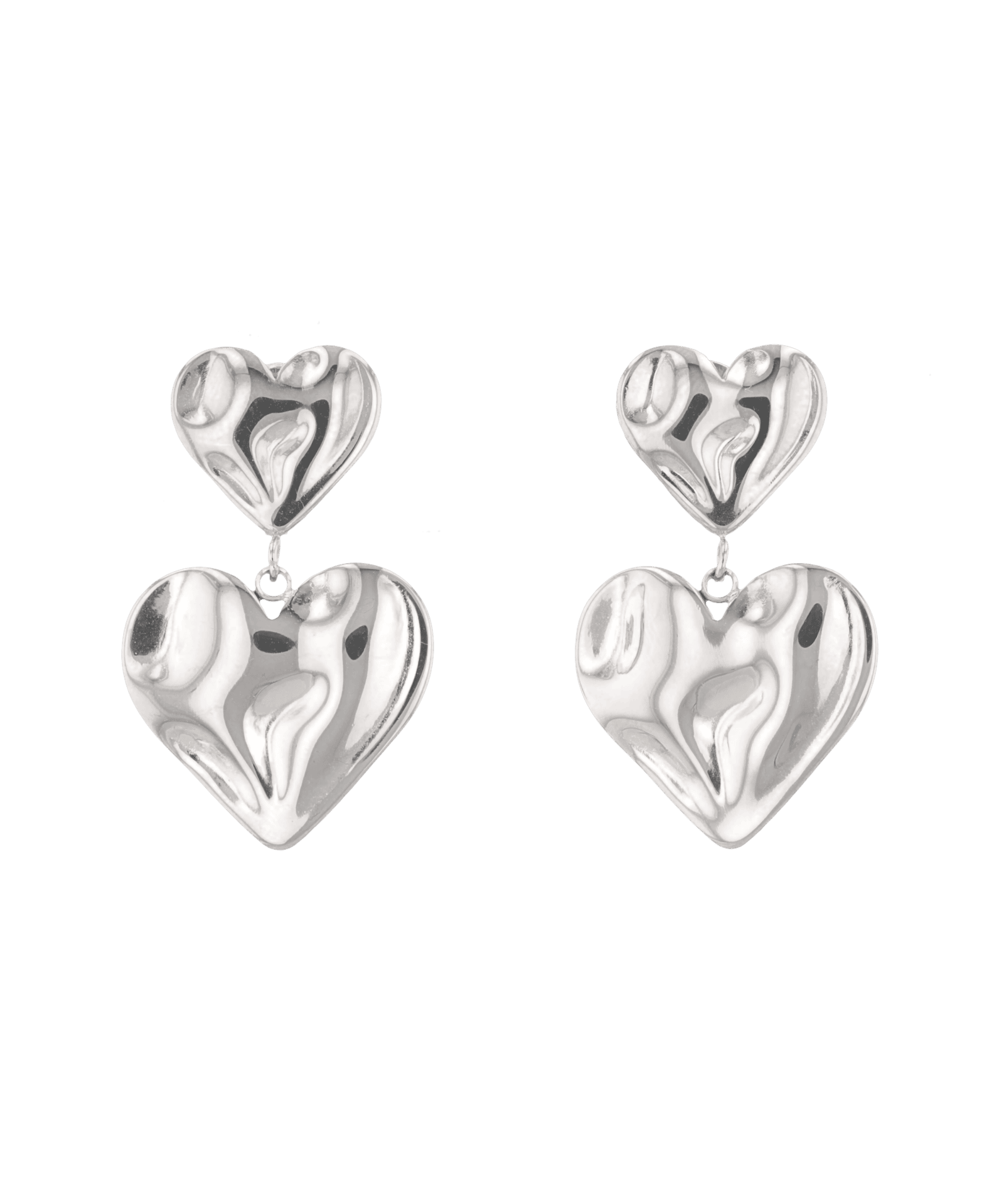 Twofold Heart Silver Stud Earrings by LAVANA, featuring a textured double heart drop