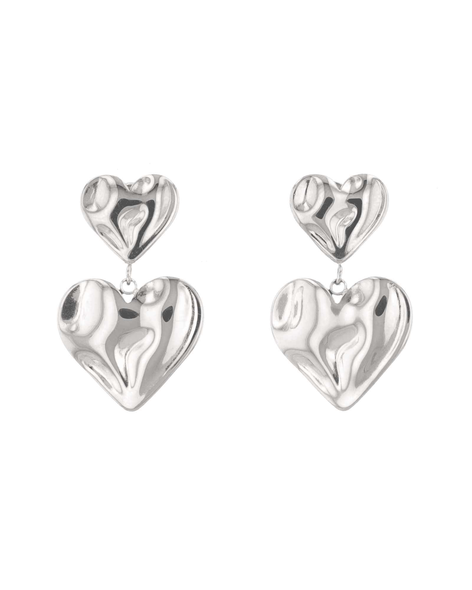 Twofold Heart Silver Stud Earrings by LAVANA, featuring a textured double heart drop