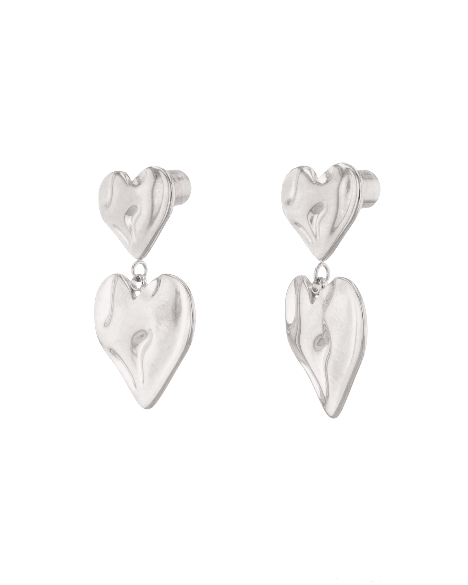 Twofold Heart Silver Stud Earrings by LAVANA, featuring a textured double heart drop