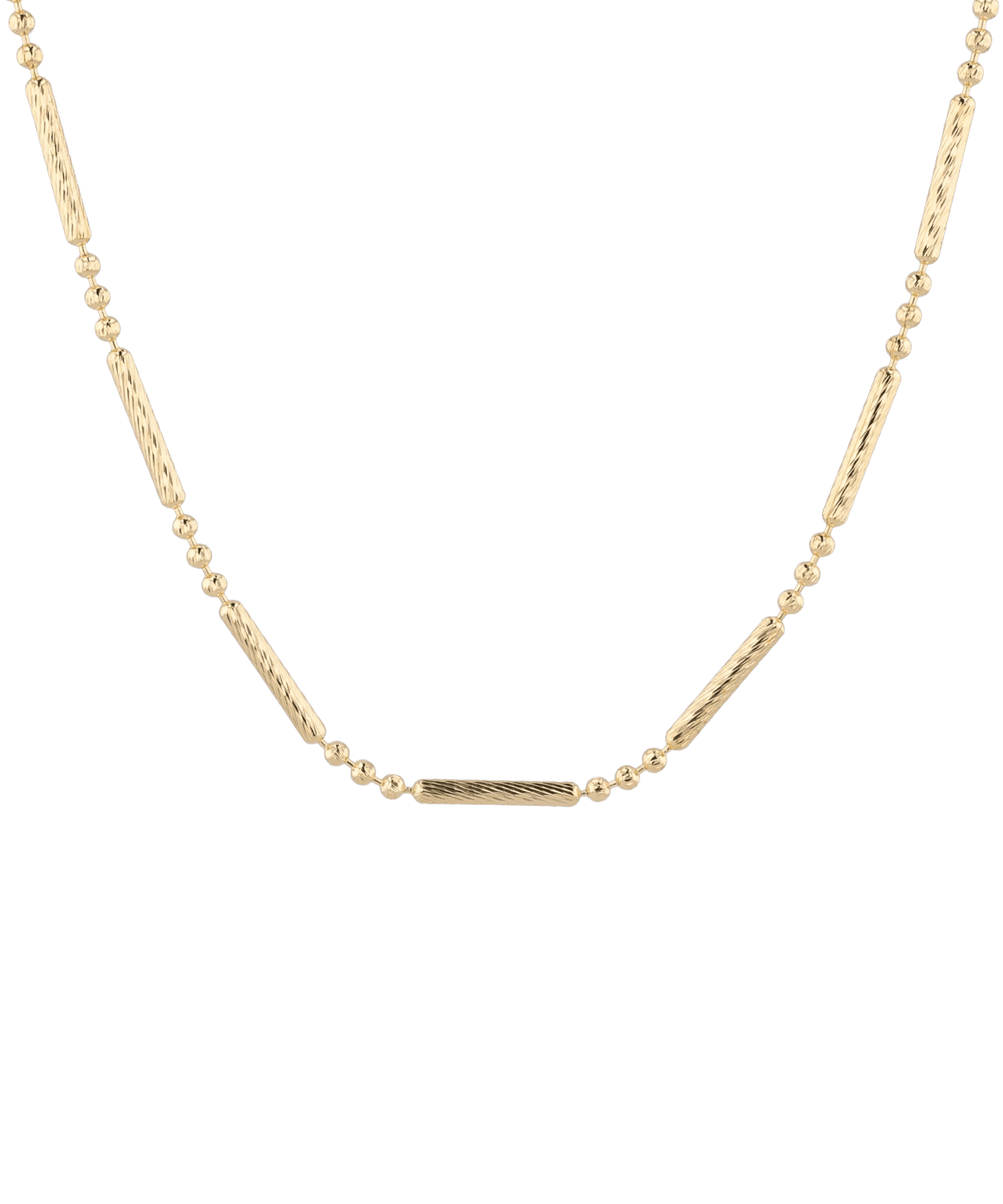 Valencia Beaded Tube Gold Chain Necklace by Lavana, with fine chain and polished beaded tube stations, front view