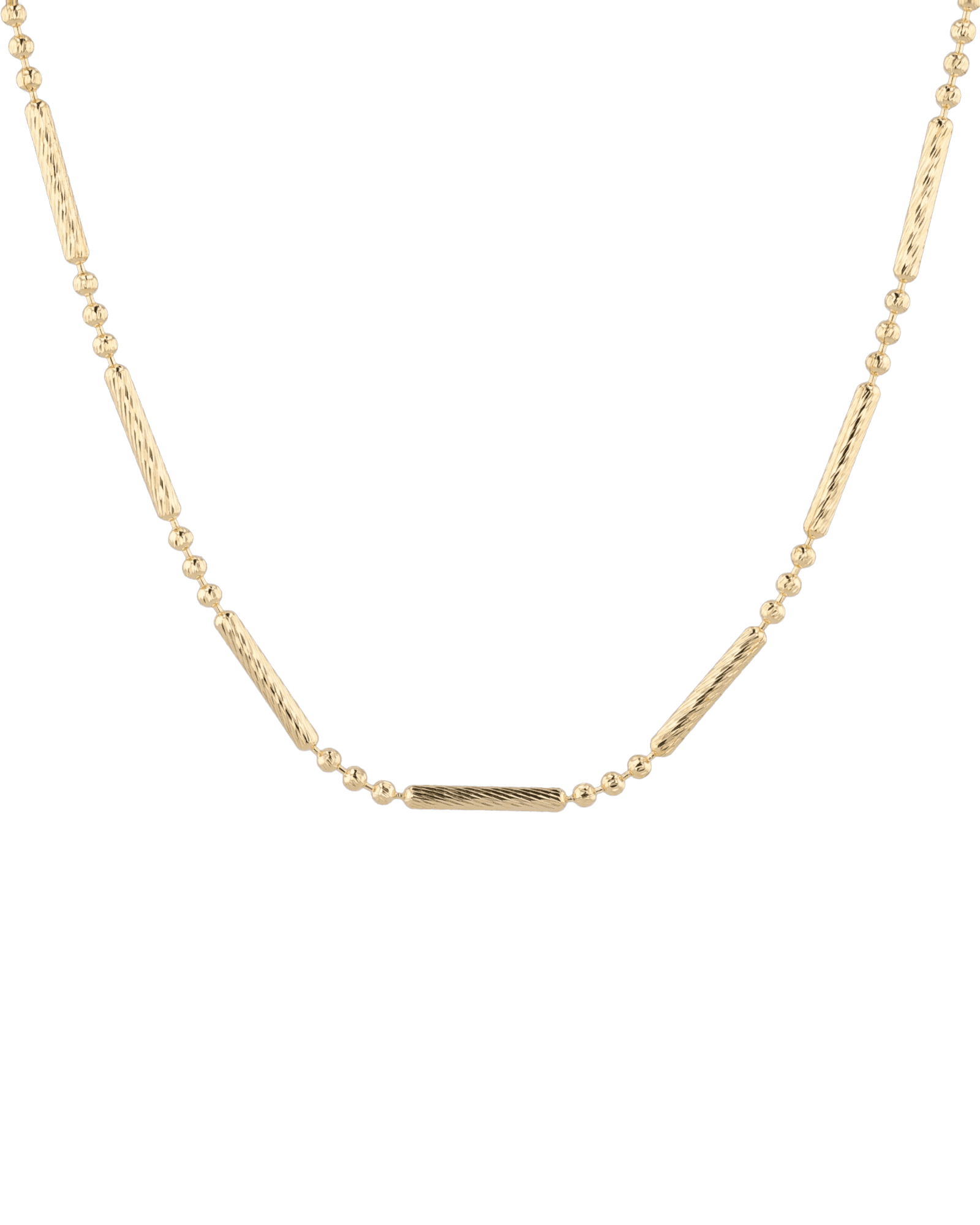 Valencia Beaded Tube Gold Chain Necklace by Lavana, with fine chain and polished beaded tube stations, front view