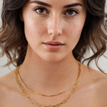 Valencia Beaded Tube Gold Chain Necklace by Lavana on model fine chain with polished beaded tube stations