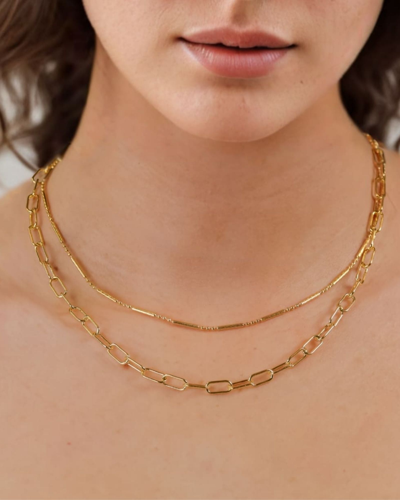 Valencia Beaded Tube Gold Chain Necklace by Lavana on model fine chain with polished beaded tube stations