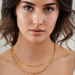 Valencia Beaded Tube Gold Chain Necklace by Lavana on model fine chain with polished beaded tube stations