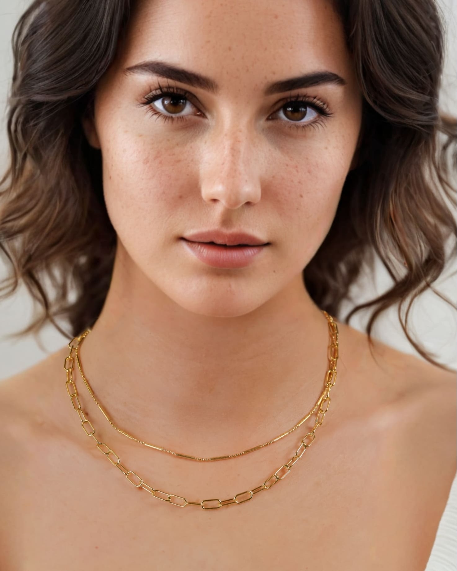 Valencia Beaded Tube Gold Chain Necklace by Lavana on model fine chain with polished beaded tube stations