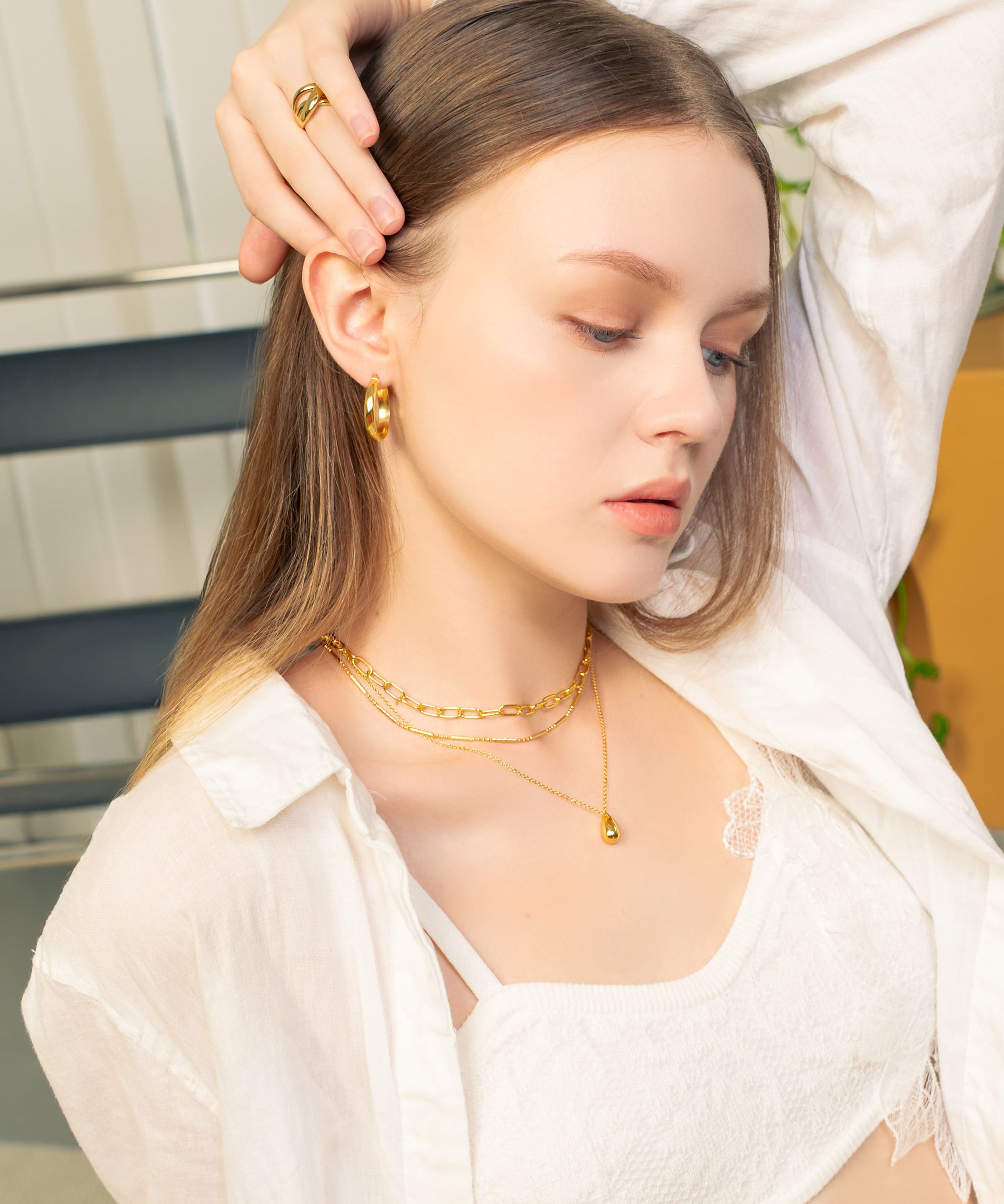 Valencia Beaded Tube Gold Chain Necklace by Lavana, on model fine modern chain with polished beaded tube stations