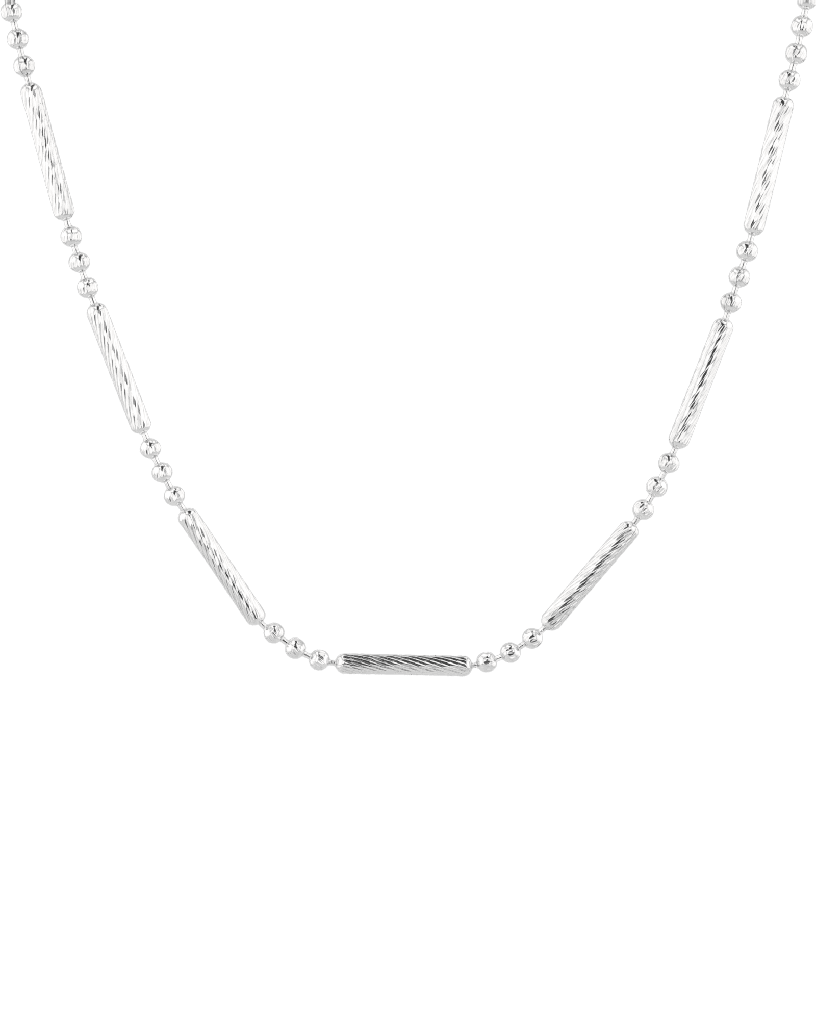 Valencia Beaded Tube Silver Chain Necklace by Lavana, with fine chain and polished beaded tube stations, front view