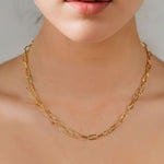 Verona Gold Paperclip Chain Necklace by Lavana on model with elongated polished links