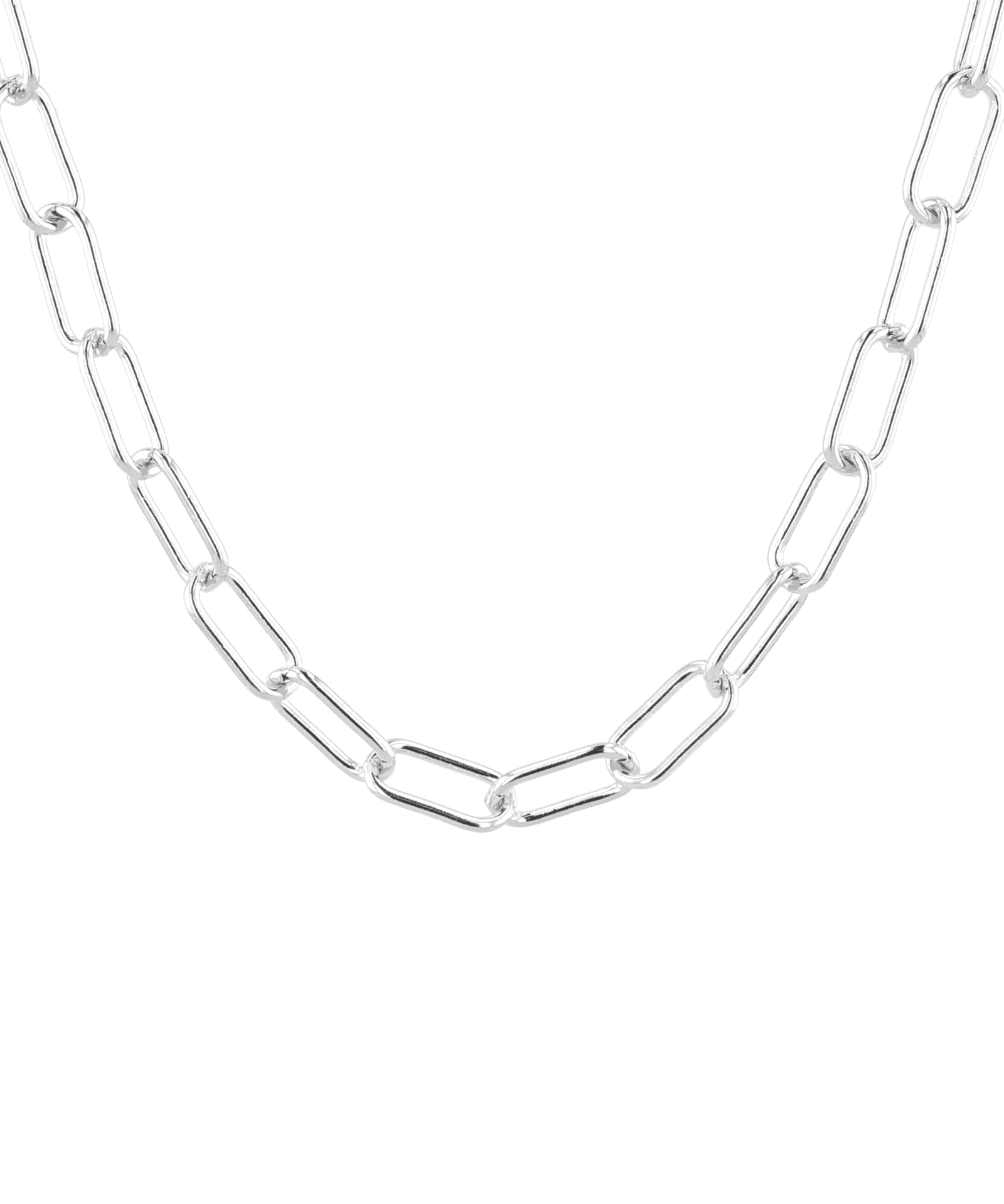 Verona Sterling Silver Paperclip Chain Necklace by Lavana, with elongated, polished links, front view