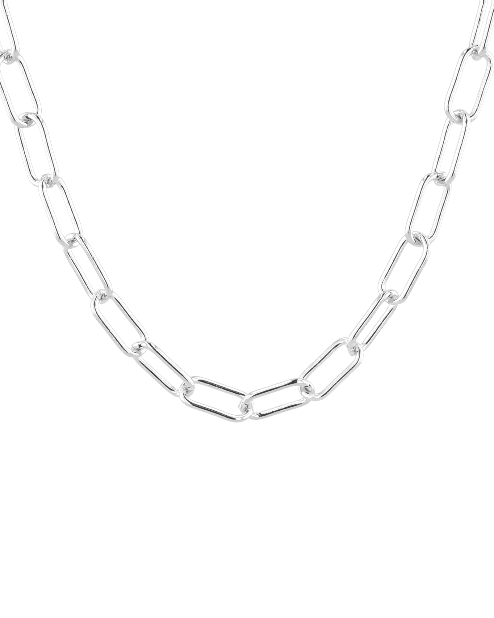 Verona Sterling Silver Paperclip Chain Necklace by Lavana, with elongated, polished links, front view