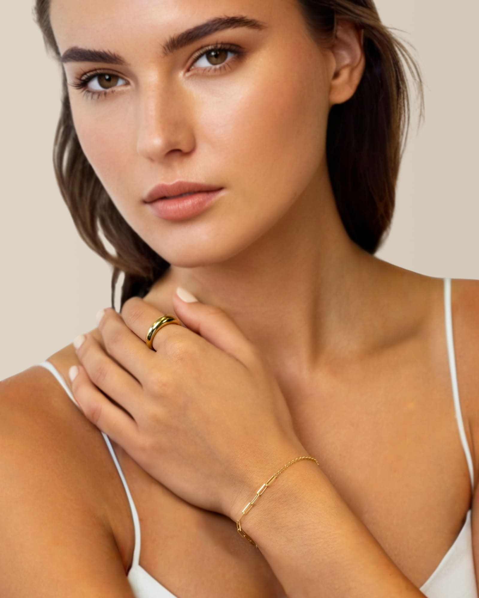 Verona gold mixed link bracelet by Lavana on model with paperclip and Belcher links