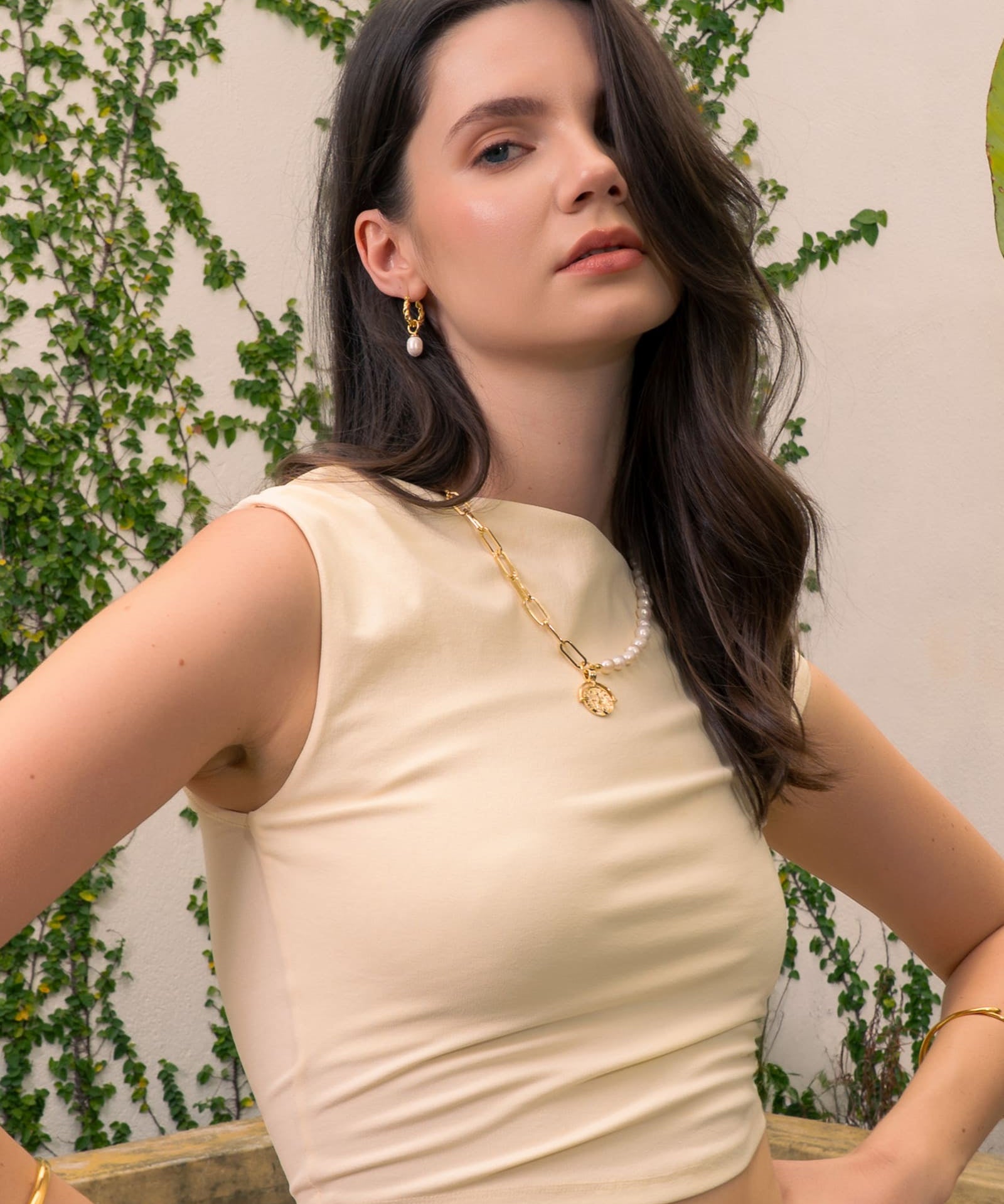 Vieste gold pearl hoop earrings by Lavana with rope hoop and freshwater pearl charm