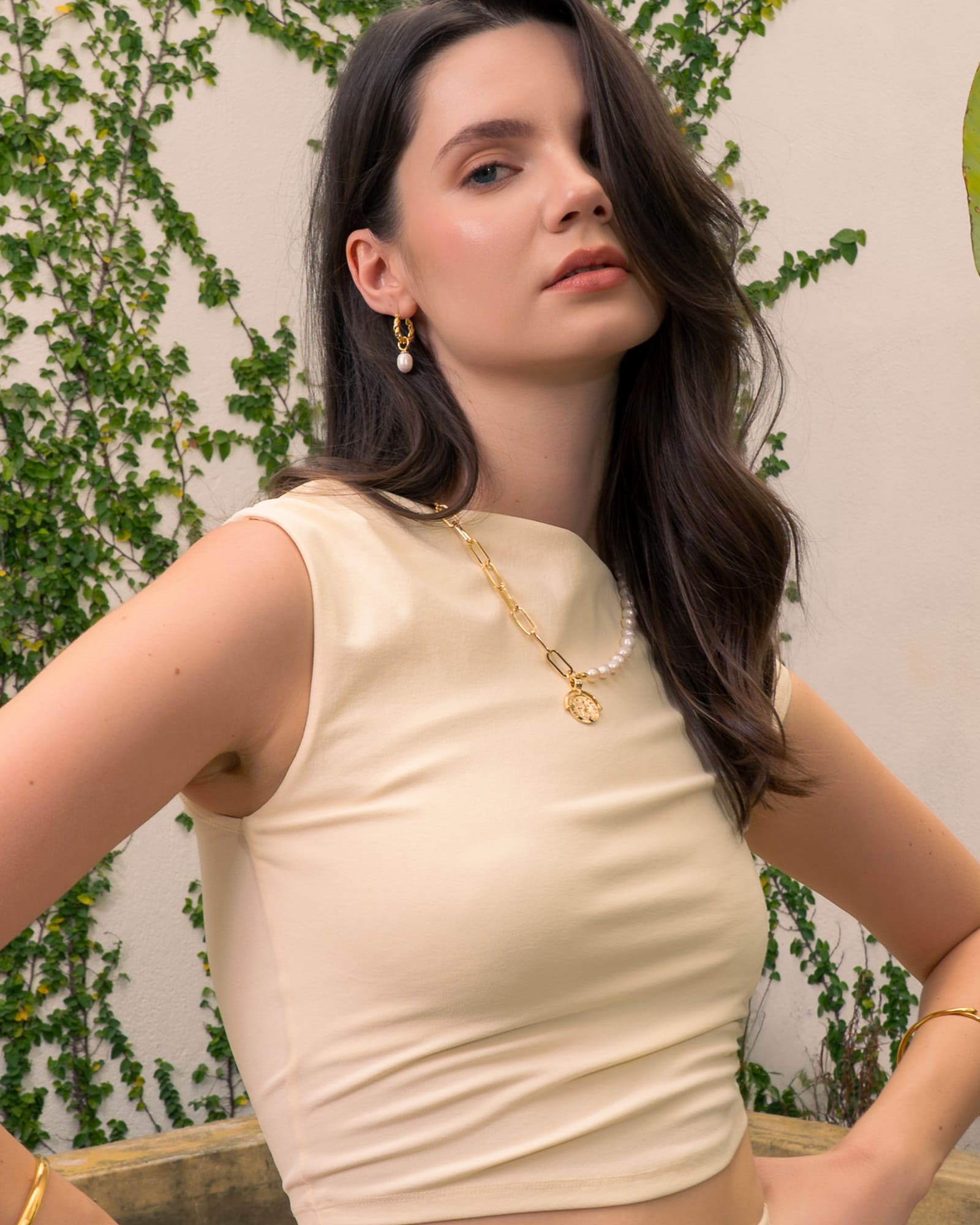 Vieste gold pearl hoop earrings by Lavana with rope hoop and freshwater pearl charm