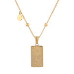 Virgo Gold Zodiac Tag Necklace by Lavana, engraved tag front and back on beaded chain, back view