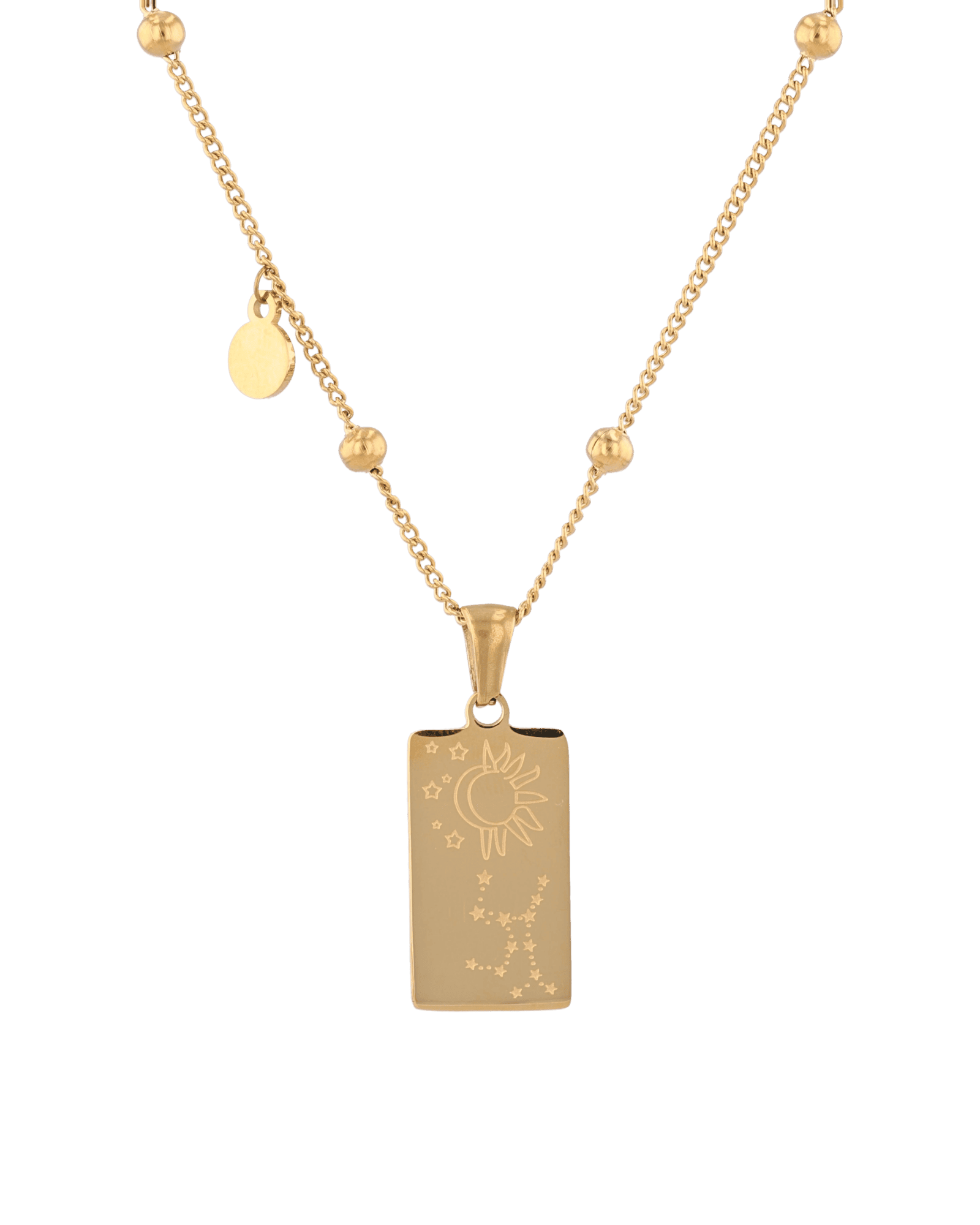 Virgo Gold Zodiac Tag Necklace by Lavana, engraved tag front and back on beaded chain, back view