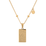 Virgo Gold Zodiac Tag Necklace by Lavana, engraved tag front and back on beaded chain, front view