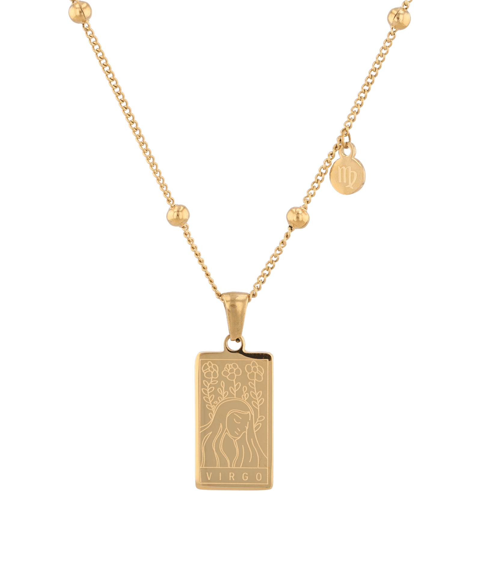 Virgo Gold Zodiac Tag Necklace by Lavana, engraved tag front and back on beaded chain, front view