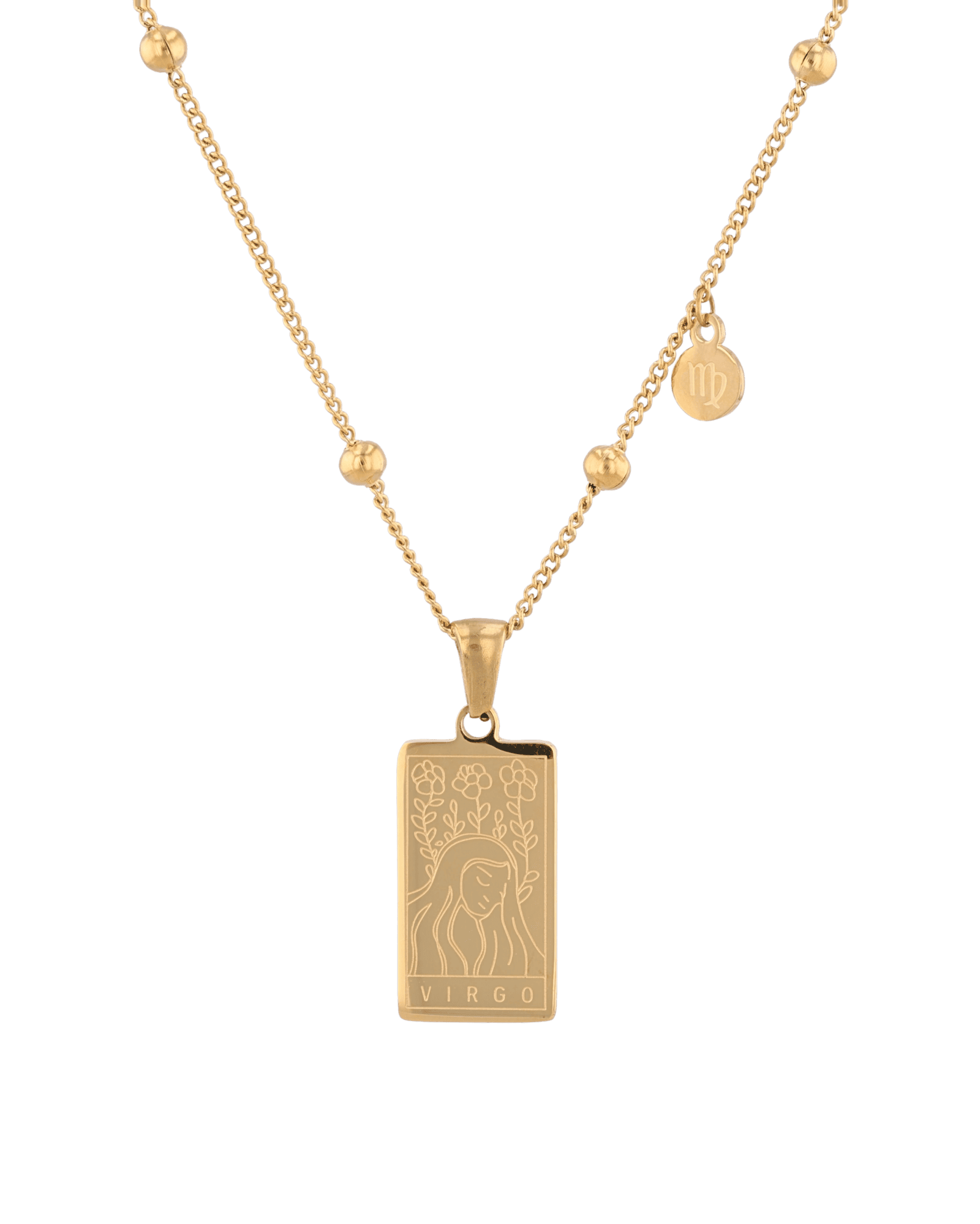 Virgo Gold Zodiac Tag Necklace by Lavana, engraved tag front and back on beaded chain, front view