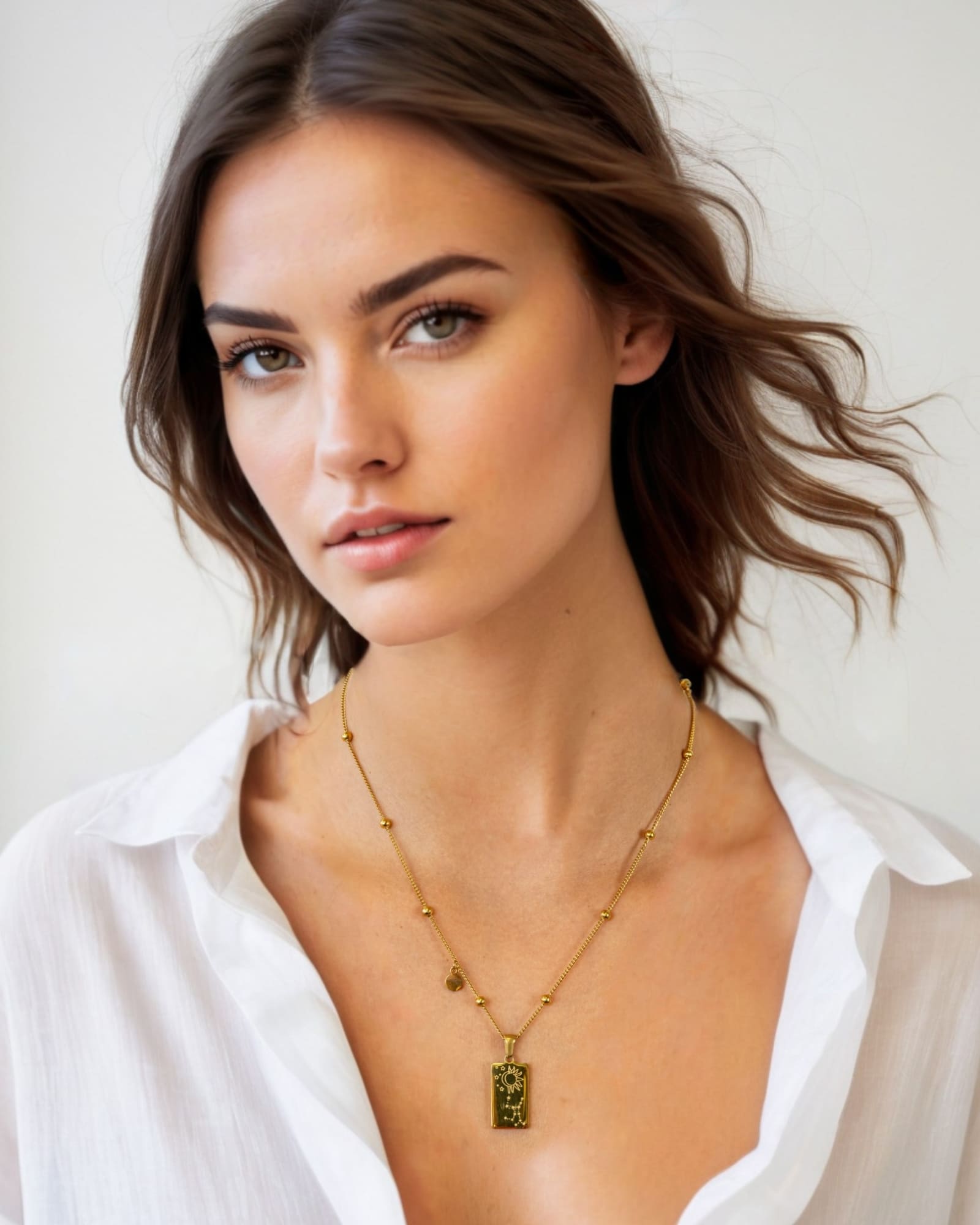 Virgo Gold Zodiac Tag Necklace by Lavana, on model; engraved tag front and back on beaded chain, back 