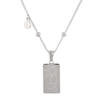 Virgo Silver Zodiac Tag Necklace by Lavana, engraved tag on beaded chain, back view