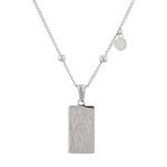 Virgo Silver Zodiac Tag Necklace by Lavana, engraved tag on beaded chain, front view