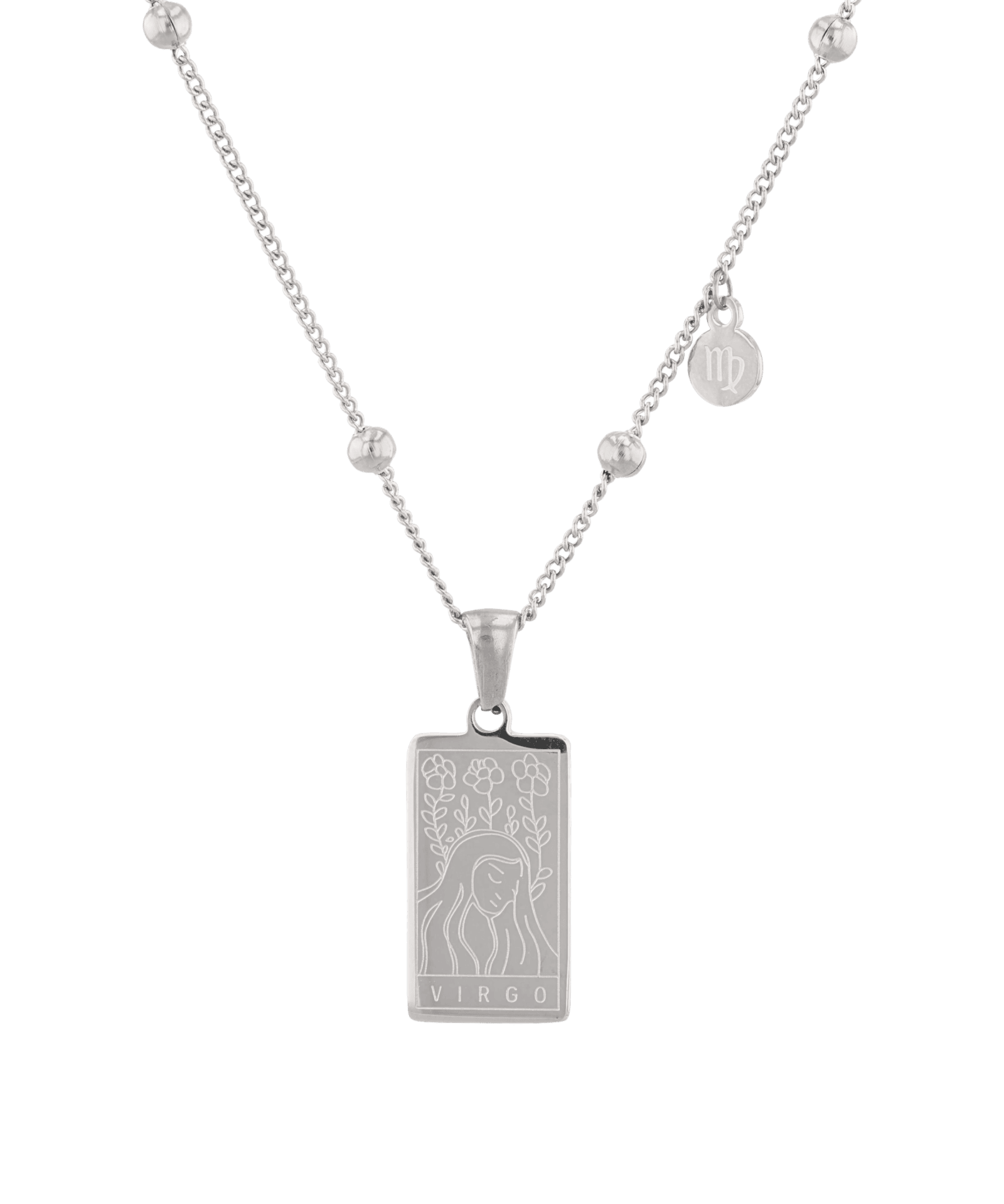 Virgo Silver Zodiac Tag Necklace by Lavana, engraved tag on beaded chain, front view