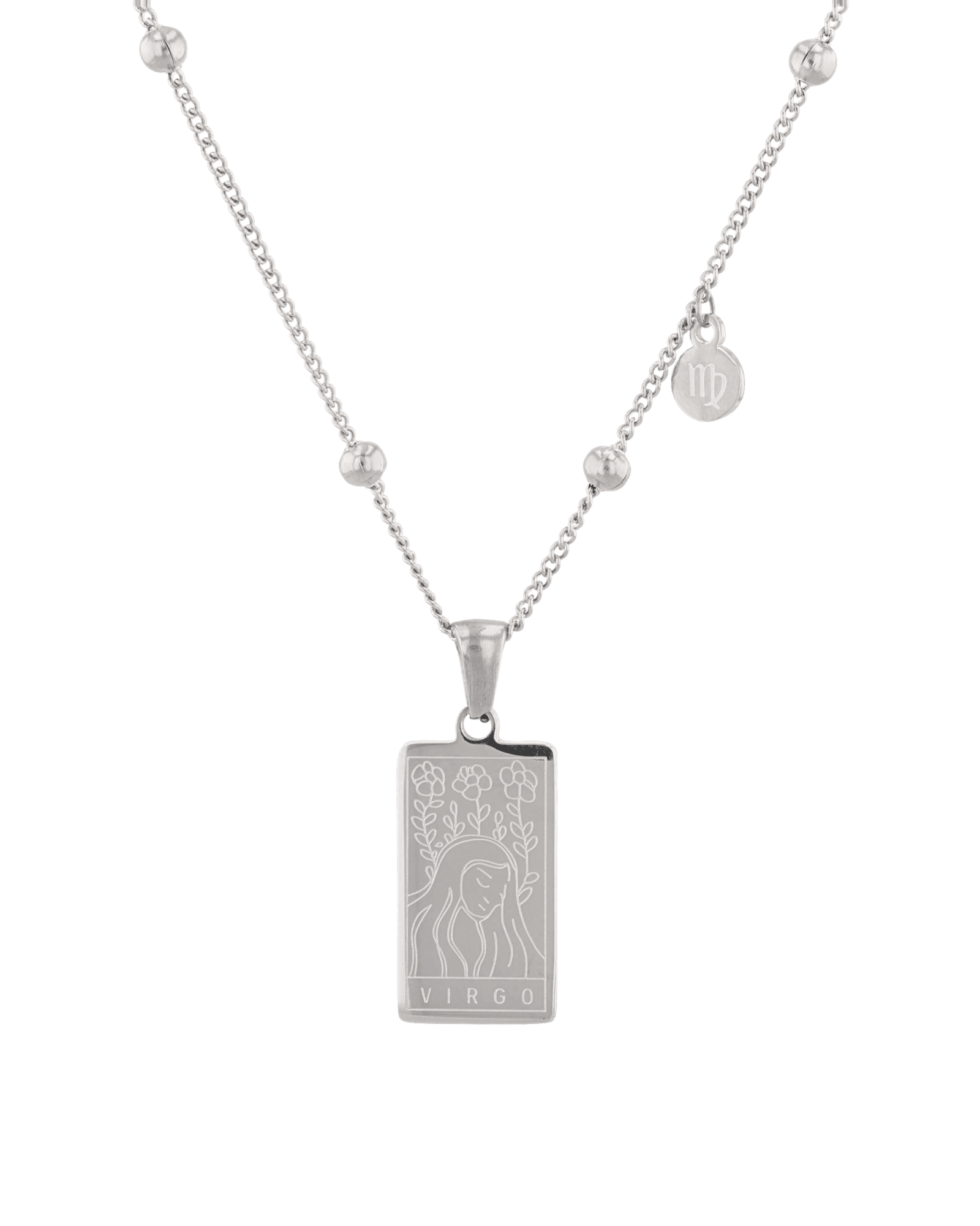 Virgo Silver Zodiac Tag Necklace by Lavana, engraved tag on beaded chain, front view