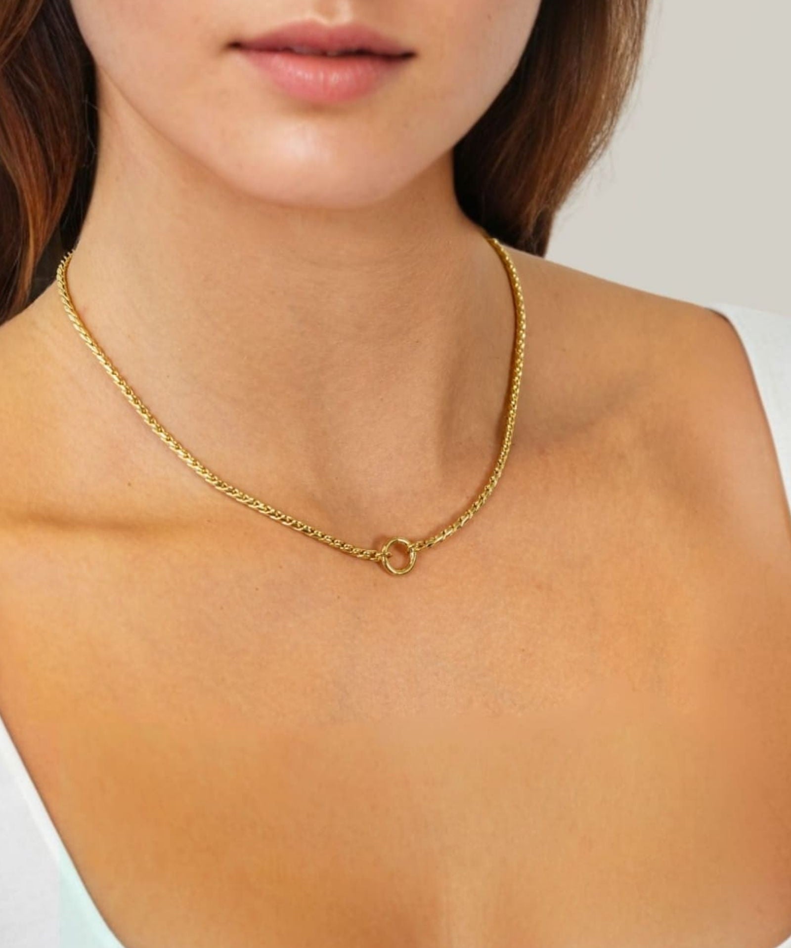 Vista Charm Gold Chain Necklace by Lavana, on model; chunky chain with front charm ring