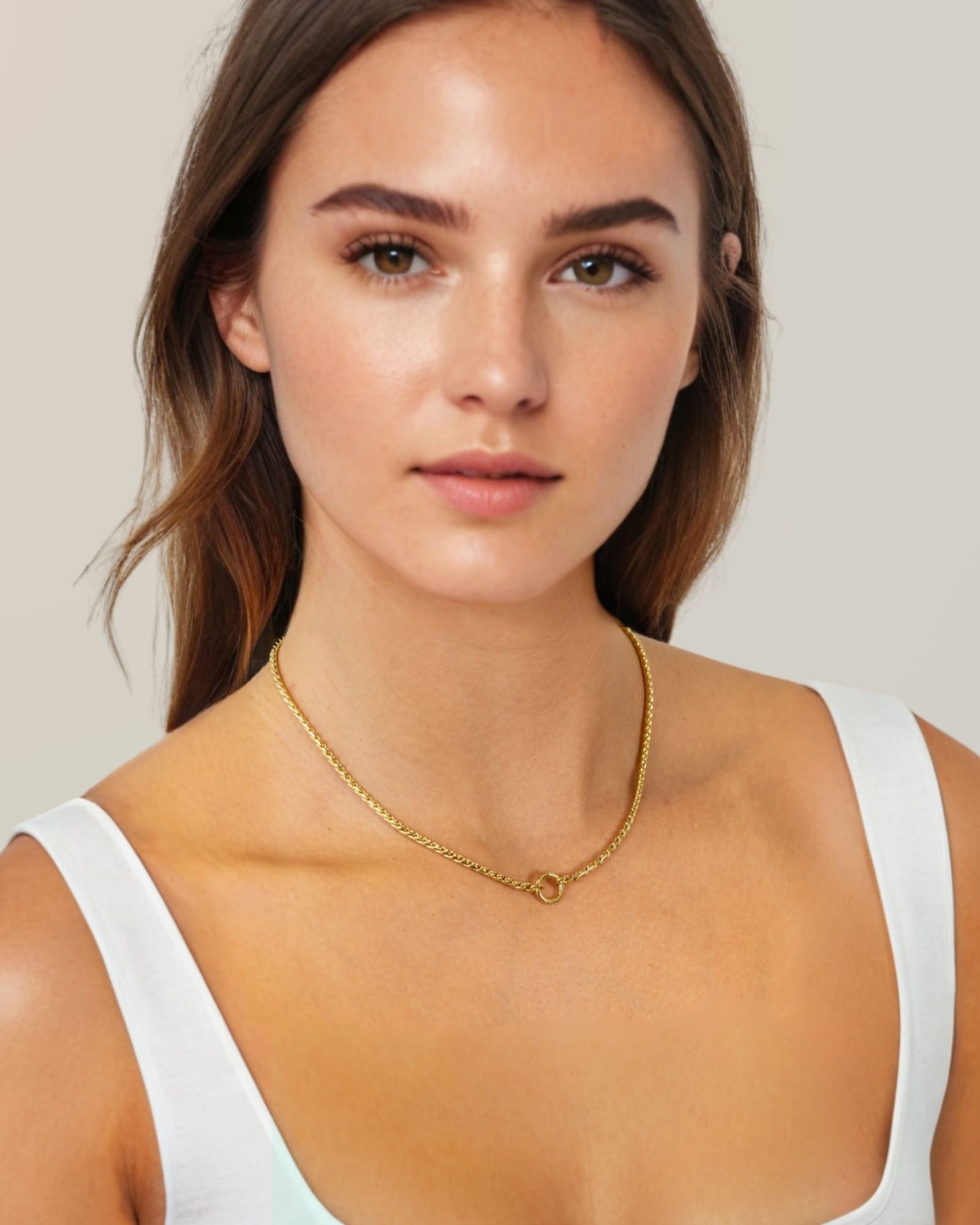 Vista Charm Gold Chain Necklace by Lavana, on model; chunky chain with front charm ring
