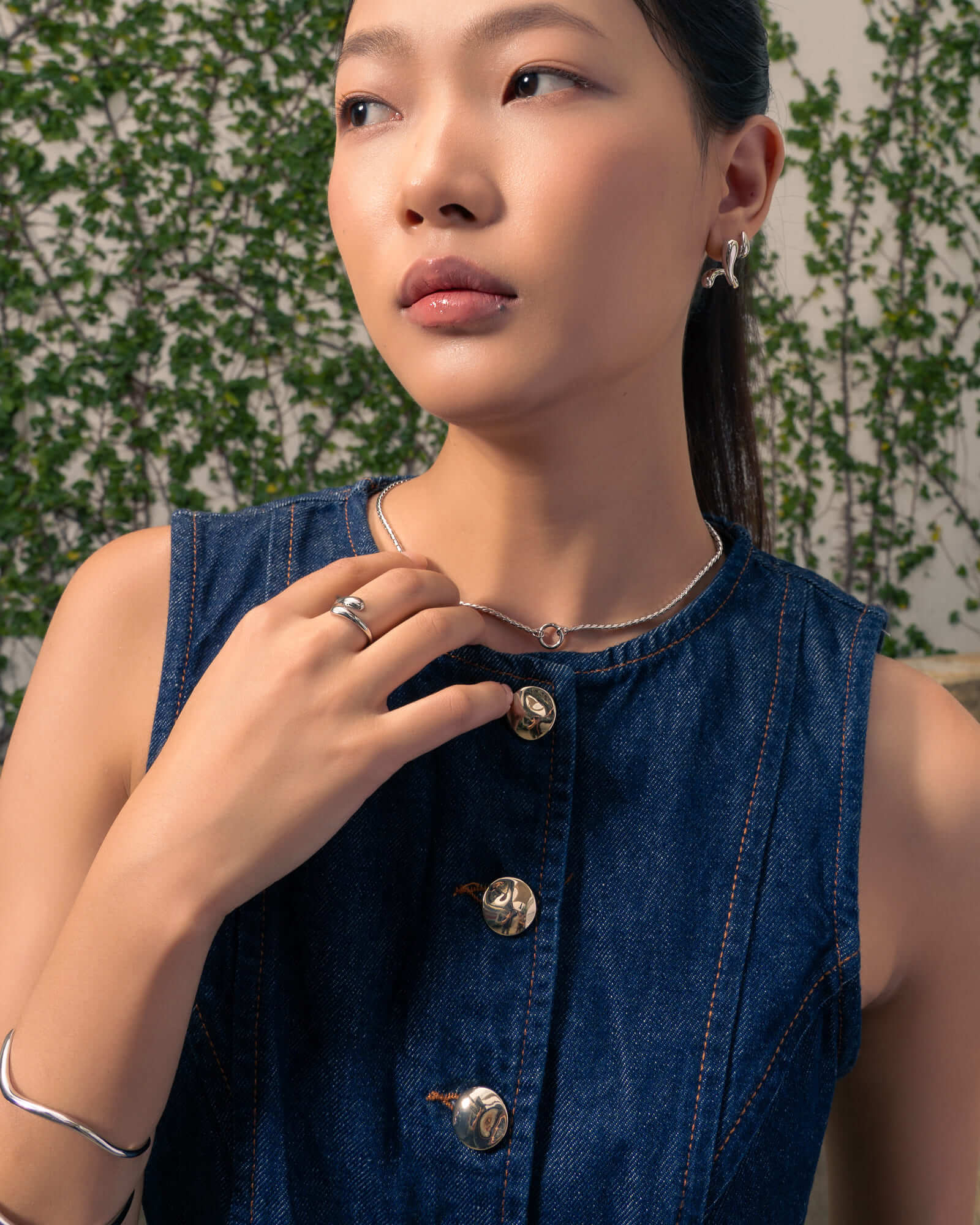 Vista Charm Gold Chain Necklace by Lavana, on model; chunky chain with modern front charm ring