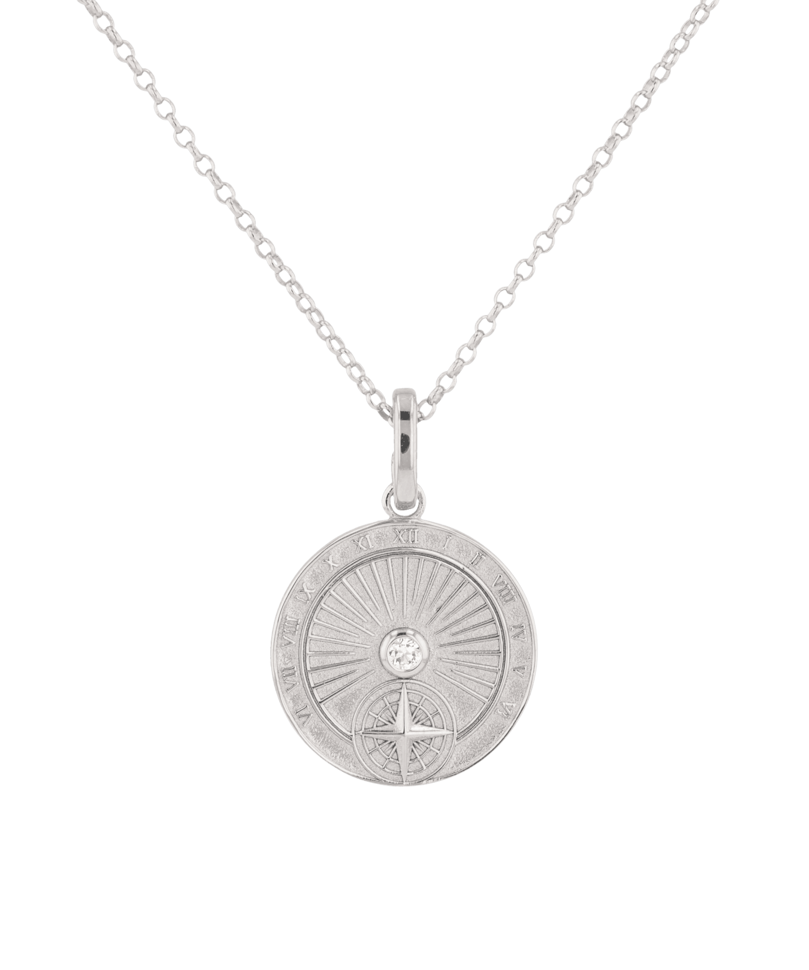 Voyage Compass Diamond Pendant by Lavana in rhodium plated sterling silver with polished compass face