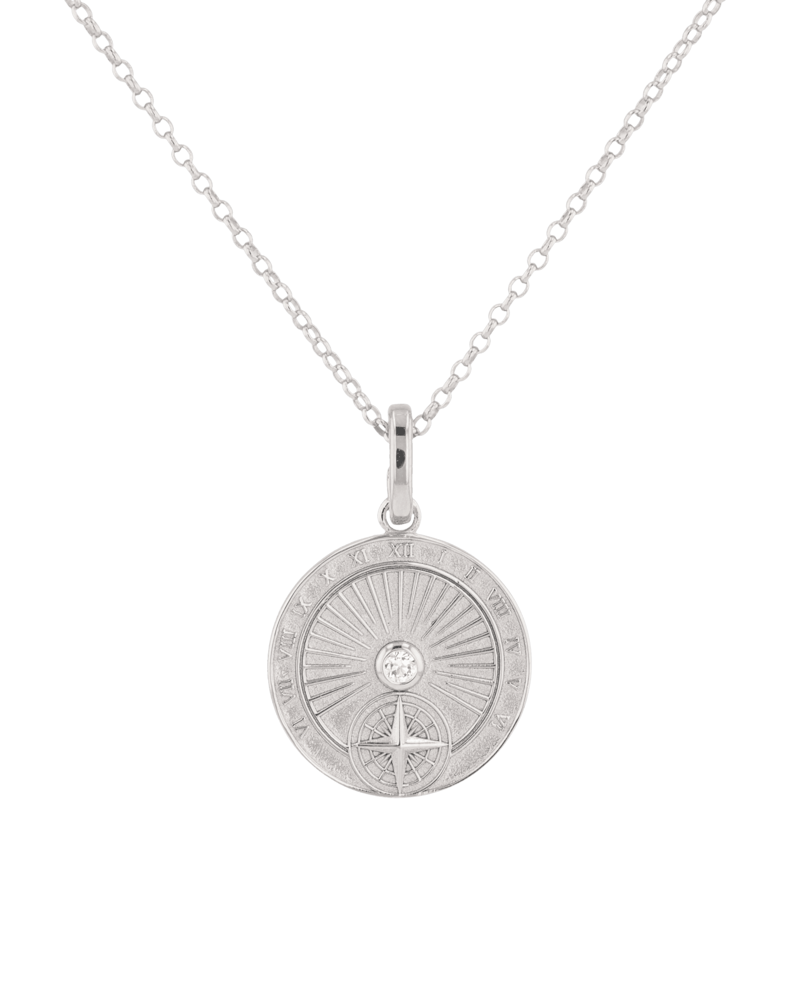 Voyage Compass Diamond Pendant by Lavana in rhodium plated sterling silver with polished compass face