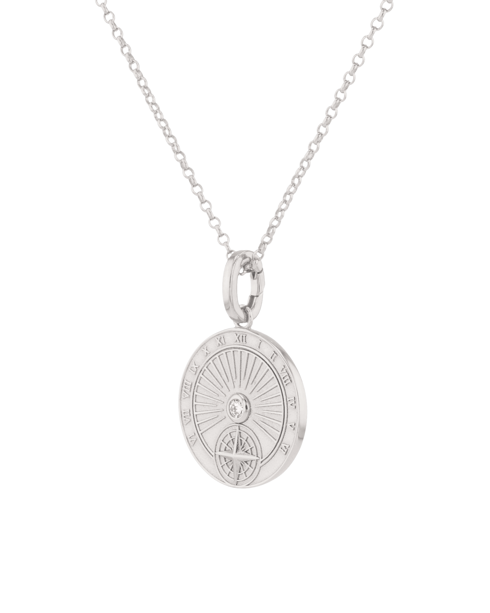 Voyage Compass Diamond Pendant by Lavana in rhodium plated sterling silver with polished compass face