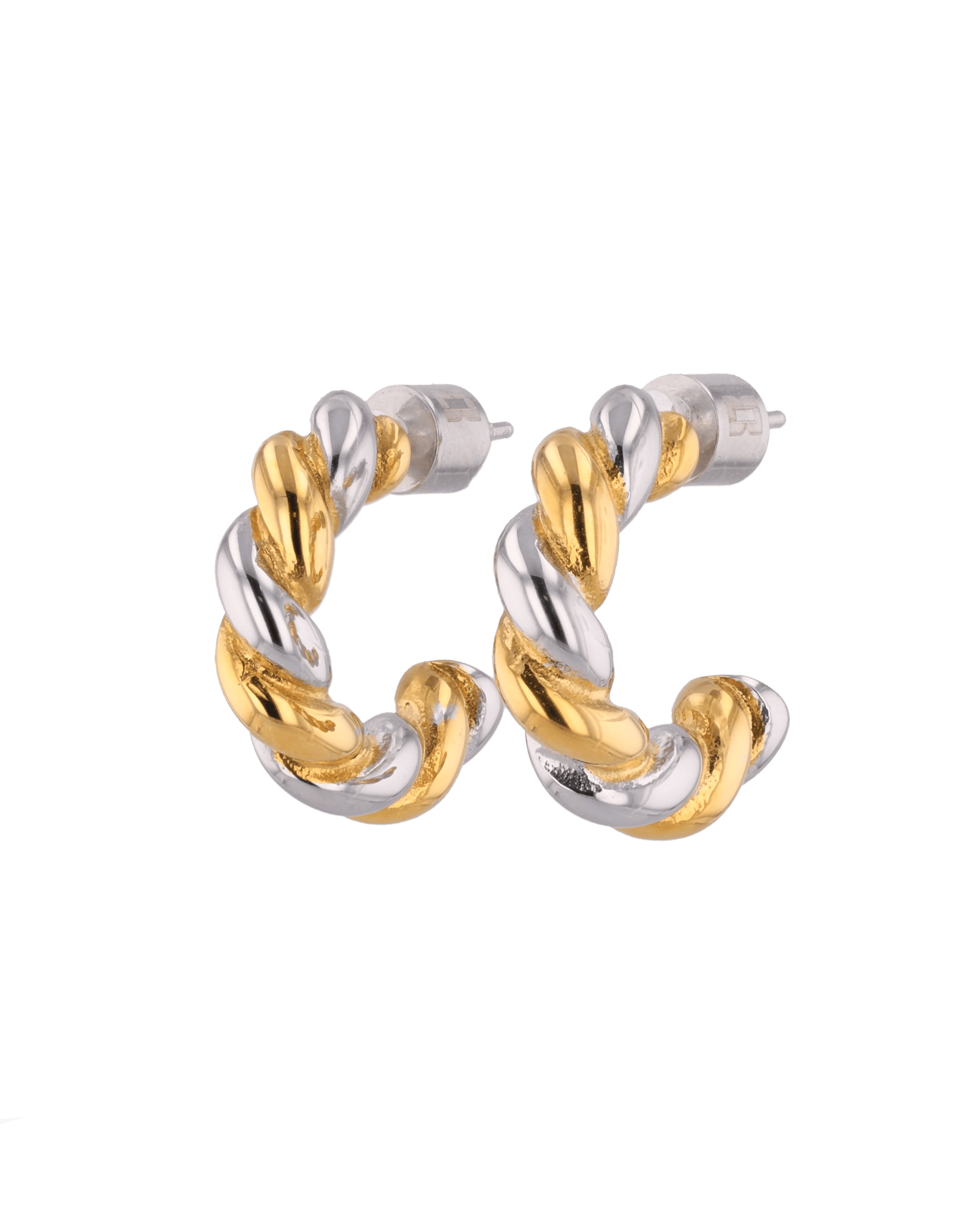 Woven Two Tone Half Hoop Earrings in mixed metal rope design by Lavana